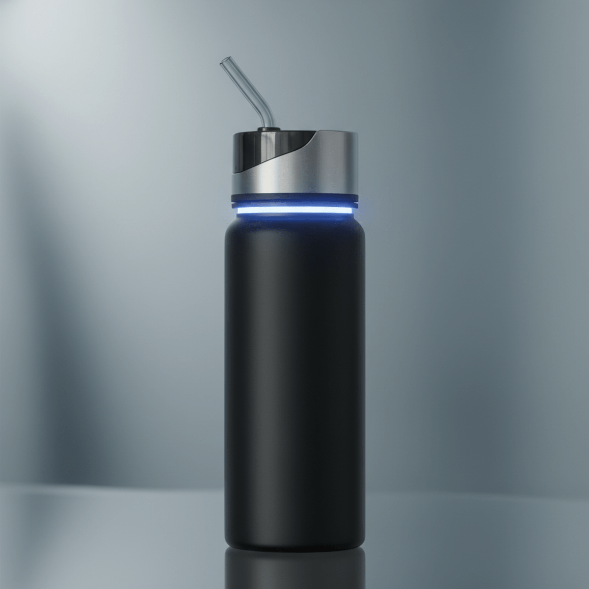 Matte black self-sanitizing water bottle with blue LED glow on reflective surface.