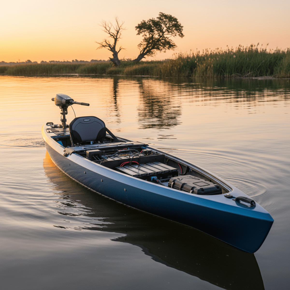 Futuristic fishing kayak at sunrise with organized battery bay Futuristic fishing kayak with battery bay glides on tranquil water at sunrise.