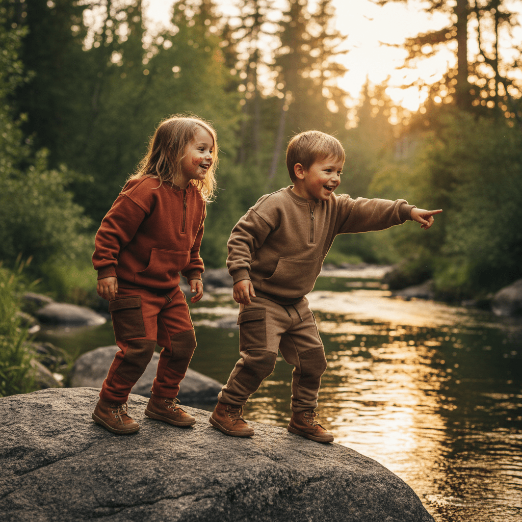 Children in sustainable adventure sweatsuits playing near a riverbank in golden hour light.