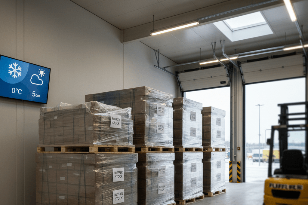 Medium shot of a calm, organized warehouse dock with covered pallets and a digital weather-aware inventory dashboard under natural overcast light