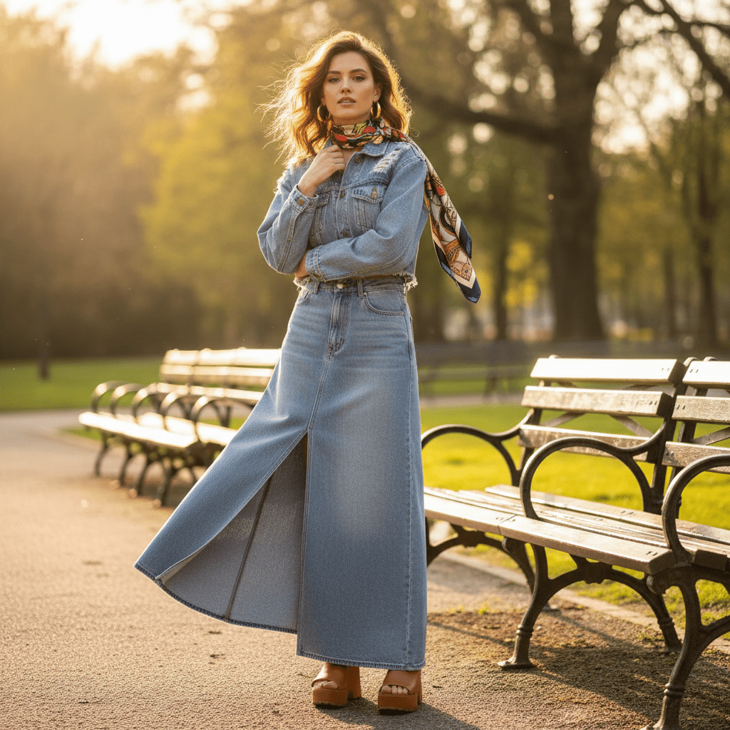 Model in 90s fashion with frayed denim jacket and maxi skirt in a park.