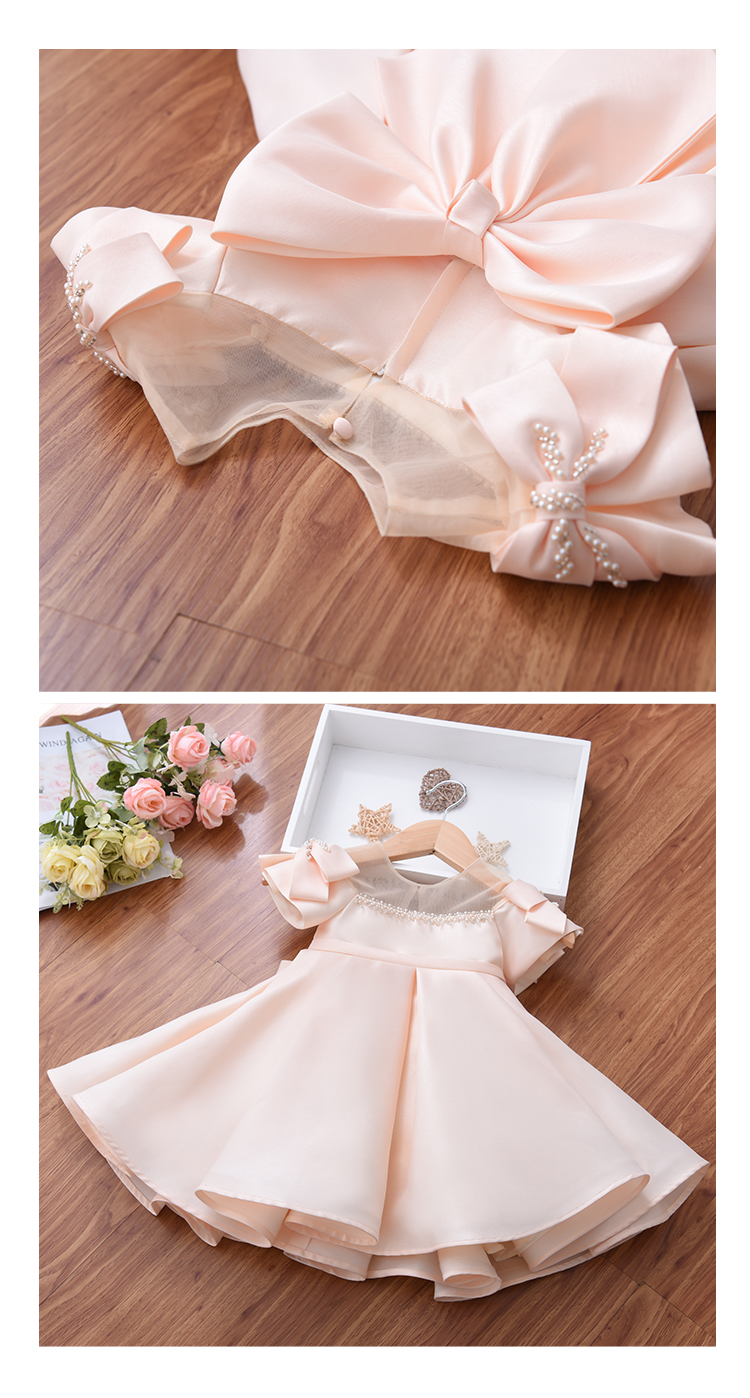 New Arrival High Waisted Short Sleeve Cute Champagne Stain Beading Beach Children Girl Dress With Two Bow On Shoulder