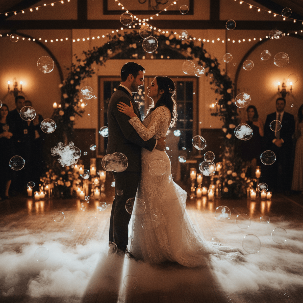 Newlyweds dance in ethereal fog and bubbles illuminated by warm candlelight.