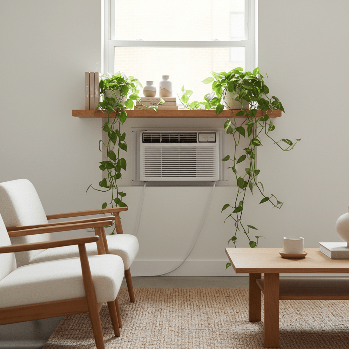 Modern living room with plants and floating shelf. Modern living room with a low cost AC, floating shelf, plants, and books.