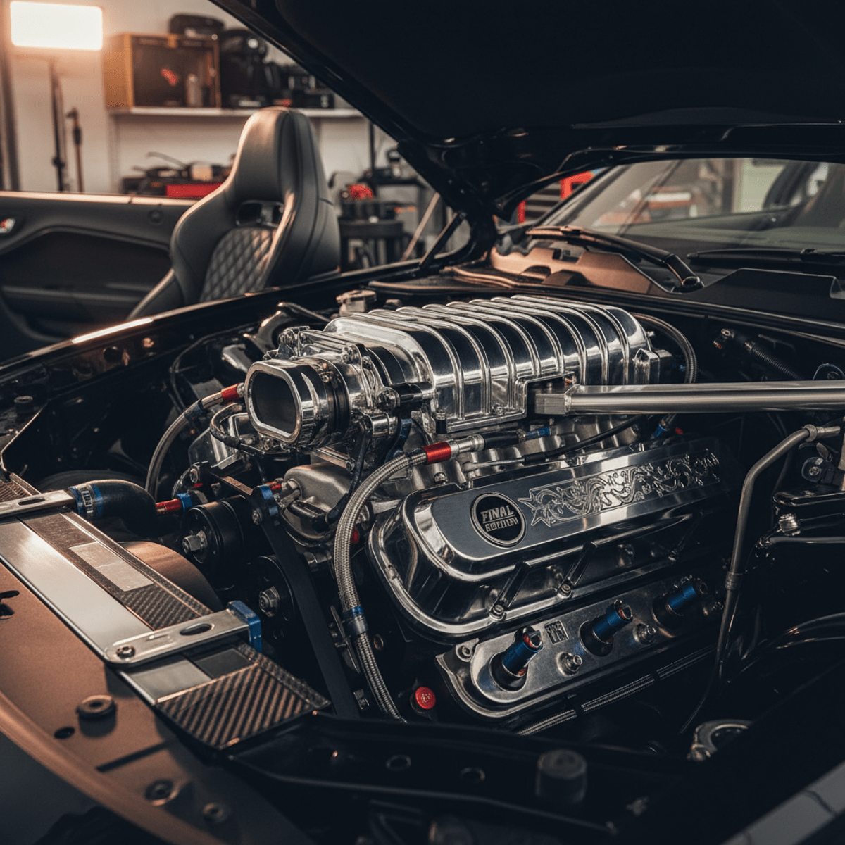 Gleaming V8 muscle coupe engine bay with supercharger and carbon fiber accents.