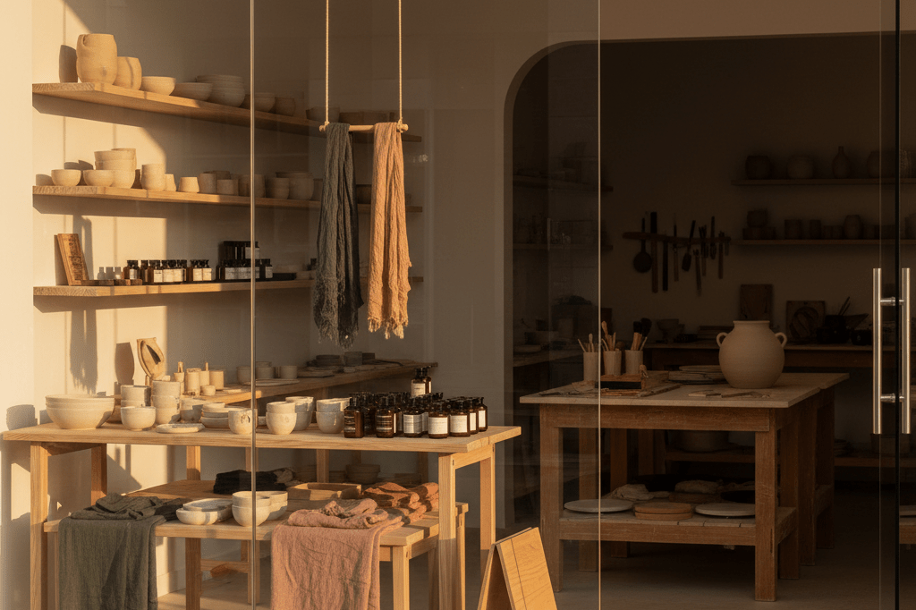 Modern retail space showcasing authentic artisanal products Warmly lit retail storefront displaying handmade goods, evoking transparency and genuine brand value