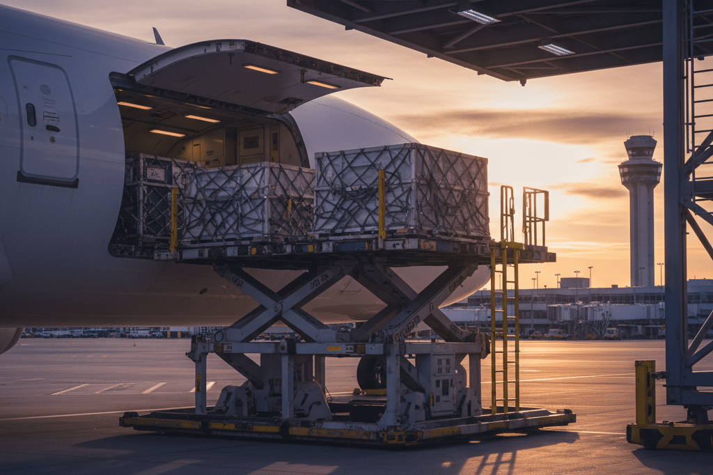 Medium shot of a Boeing 787 Dreamliner's open belly cargo door at Vancouver International Airport dock, showing loaded shipping containers under natural and artificial light