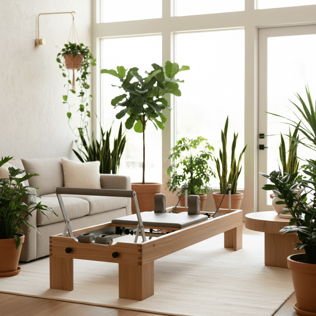 Light oak and bamboo pilates reformer in a sunlit modern room with plants.