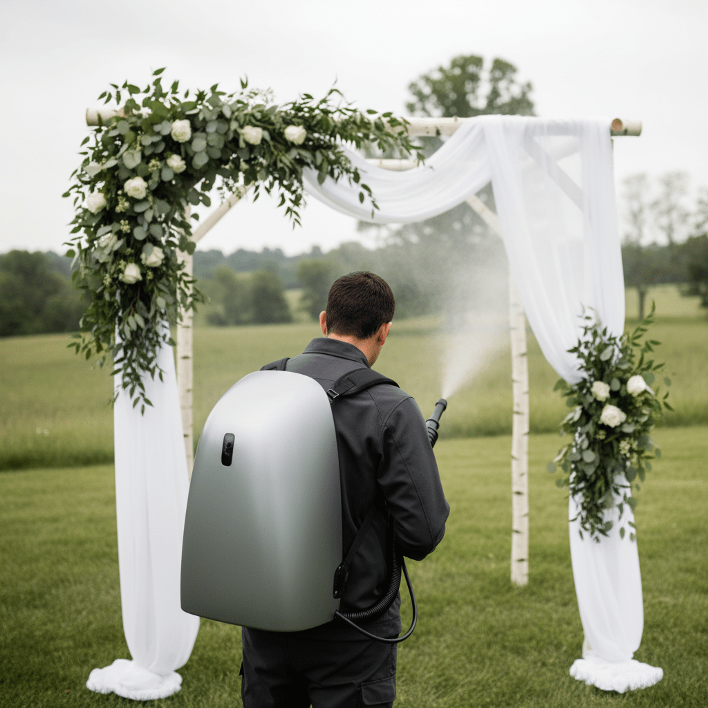 Operator with backpack fogger machine creating mist around elegant wedding arbor.