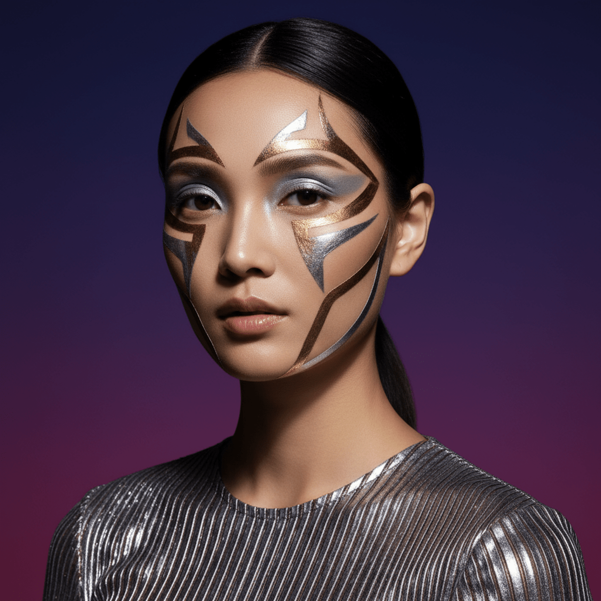 Bold geometric eyeliner in molten metallics on a model with futuristic fashion.