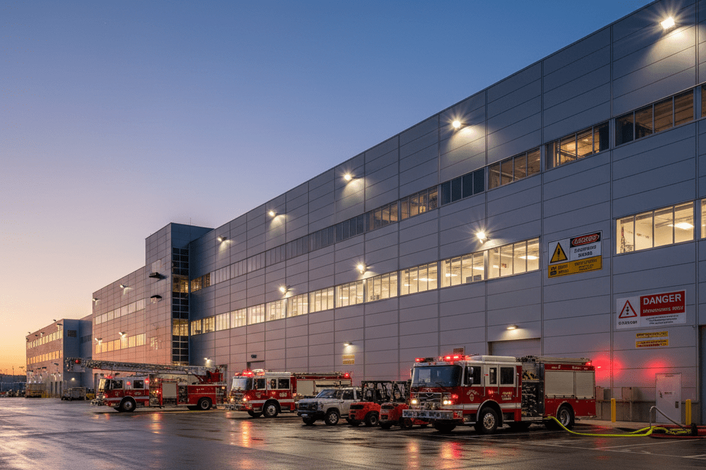 Modern manufacturing facility under evening emergency lighting Wide-angle view of an industrial plant with safety lights and parked vehicles after a crisis event