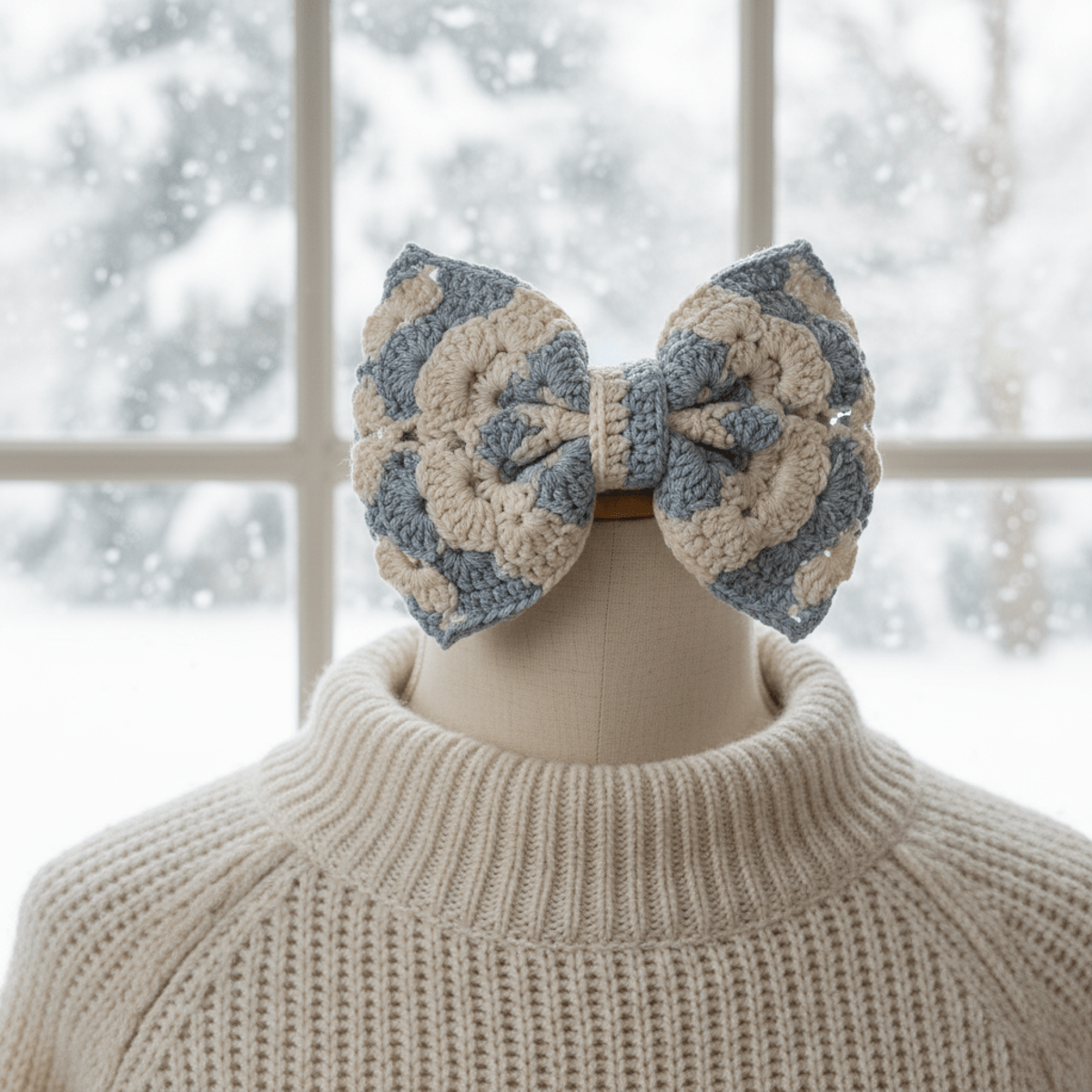 Intricately crocheted organic cotton bow headband in cool winter tones.