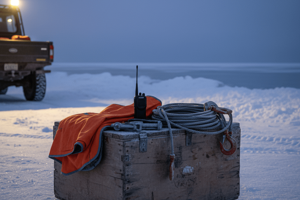 Cold-water rescue gear including thermal blankets and radios on a crate near frozen water under twilight