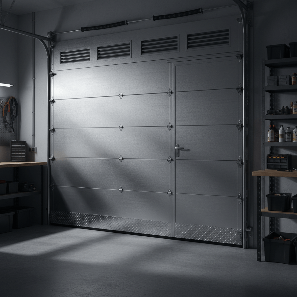 Robust steel garage door with integrated pedestrian door, brushed texture, and ergonomic features.
