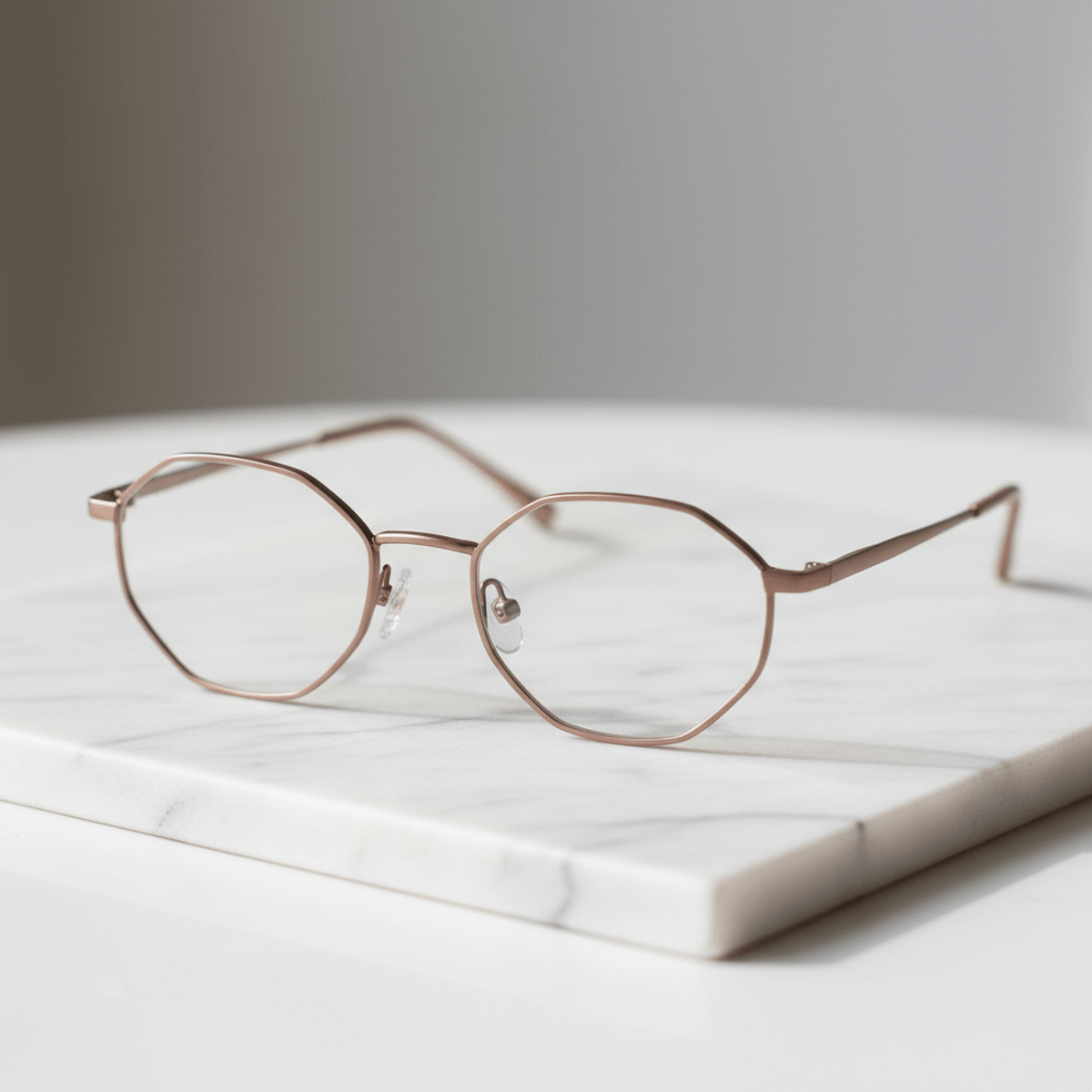 Trendy hexagonal glasses with ultra-lightweight titanium wireframe and rose gold finish on marble.