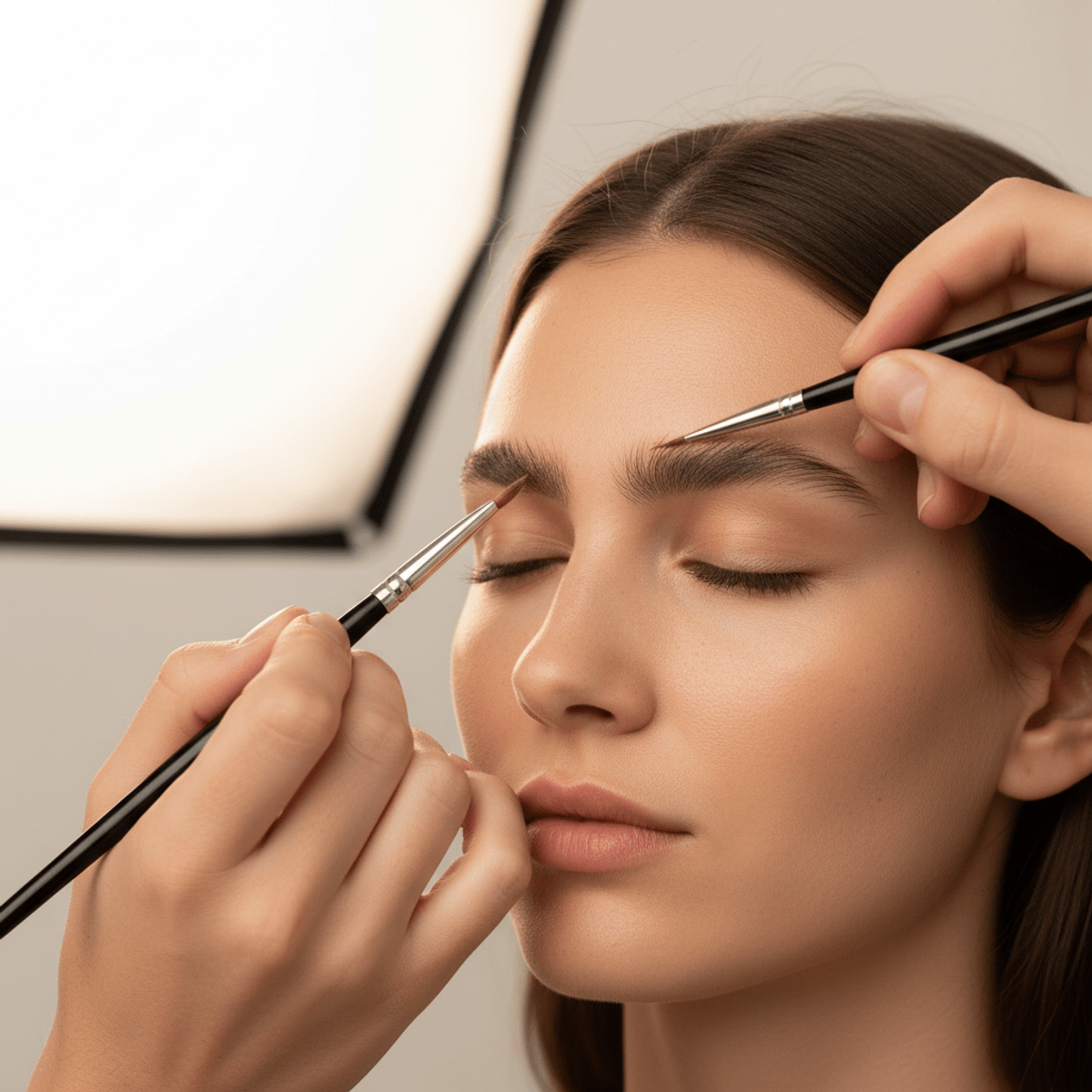 Artist meticulously applying a unibrow with ultra-fine brushes for natural feathered strokes.