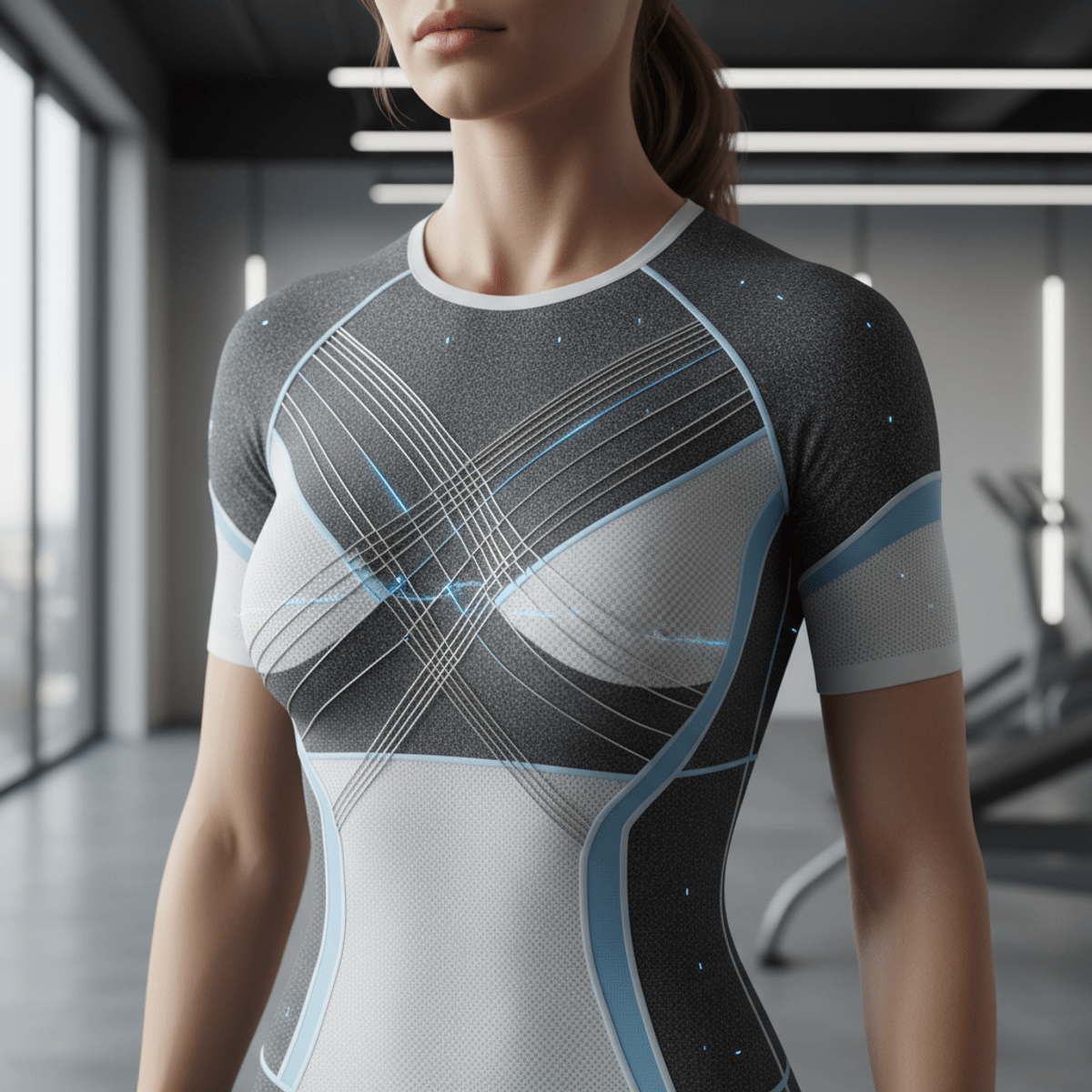 Female athlete in futuristic shirt with conductive fibers capturing cardiac signals.