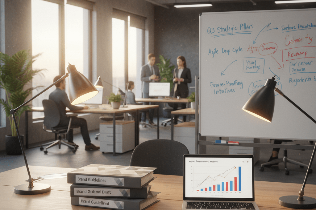 Wide shot of an organized desk with generic branding documents and analytics charts under warm natural light, symbolizing strategic adaptation to platform changes