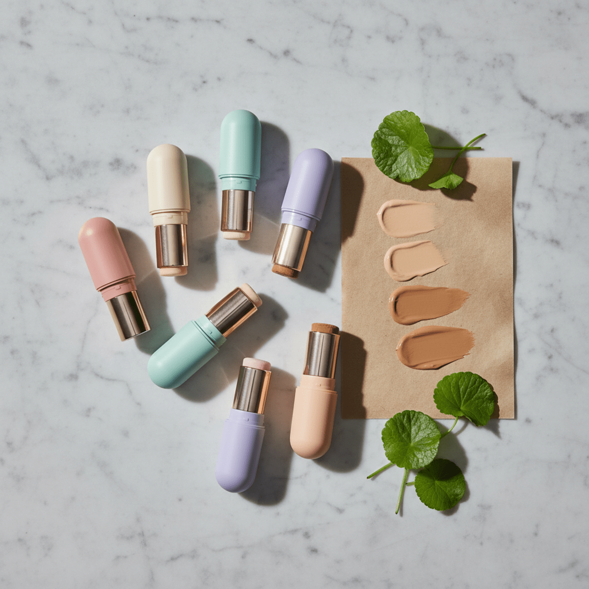 Artistic flat-lay of Korean foundation sticks with swatches on textured parchment.