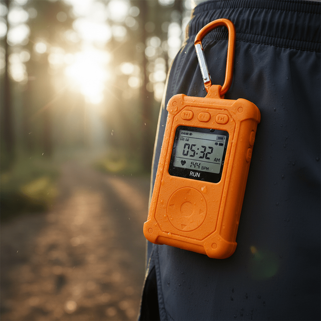 Rugged orange MP3 player with carabiner attached to athletic shorts on a trail.