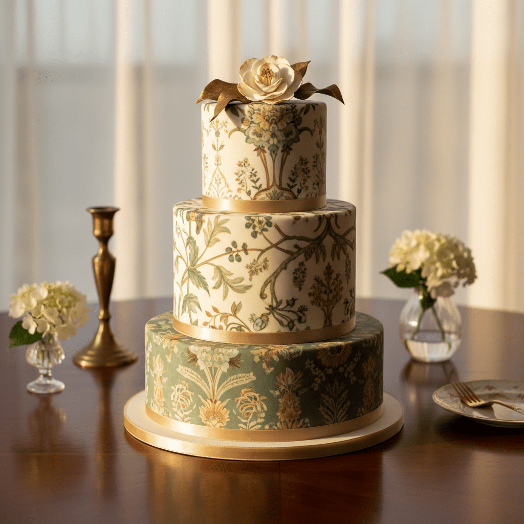 Elegant tiered cake featuring edible botanical wallpaper patterns in muted greens and gold.