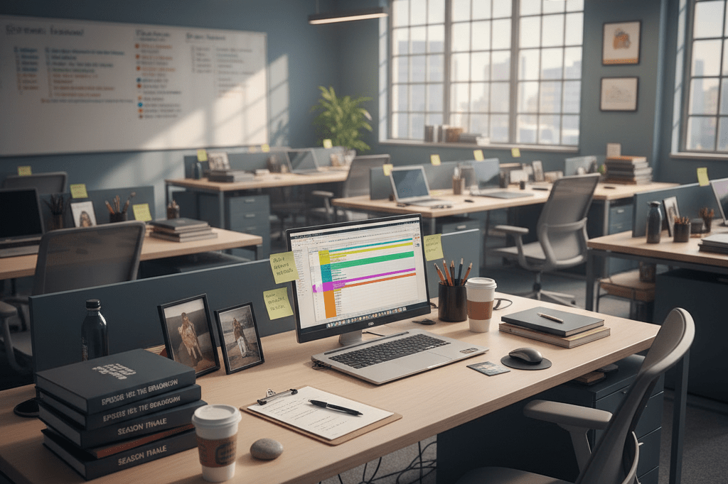 Scripts, laptop, and clipboard arranged neatly on a desk in a warmly lit television production office, representing workplace pressure and organization.