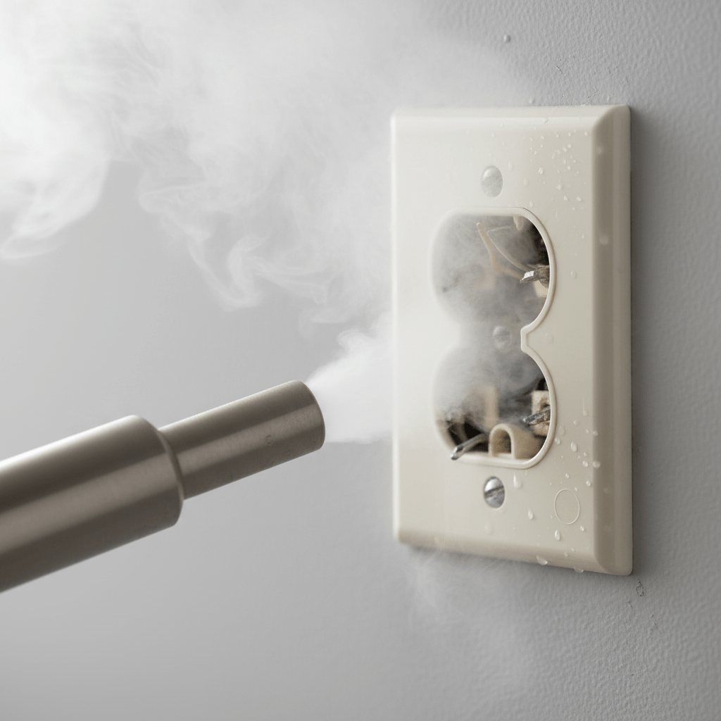 High-temperature steam from a steamer cleans electrical outlet crevices.