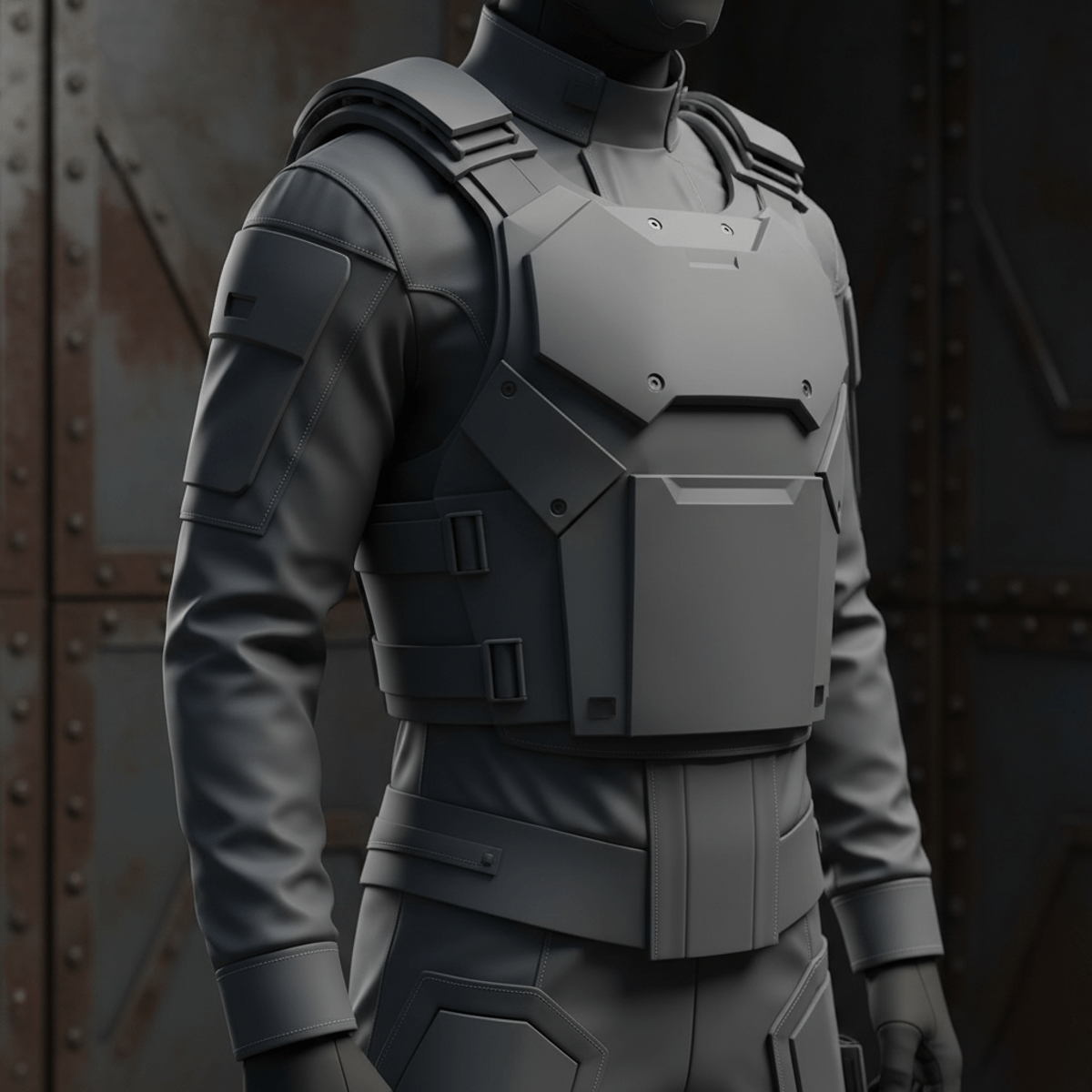 Close-up of wolf grey combat uniform with tactical vest, jacket, and pants.