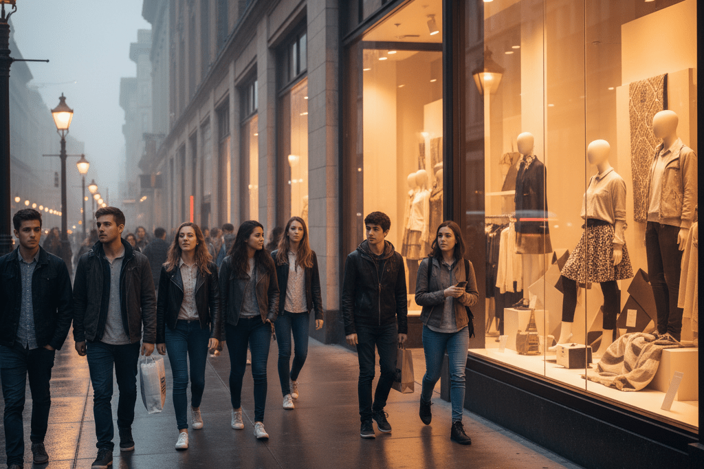 Wide shot of a lively urban storefront at dusk with stylish window displays under ambient lighting, symbolizing peak consumer interest