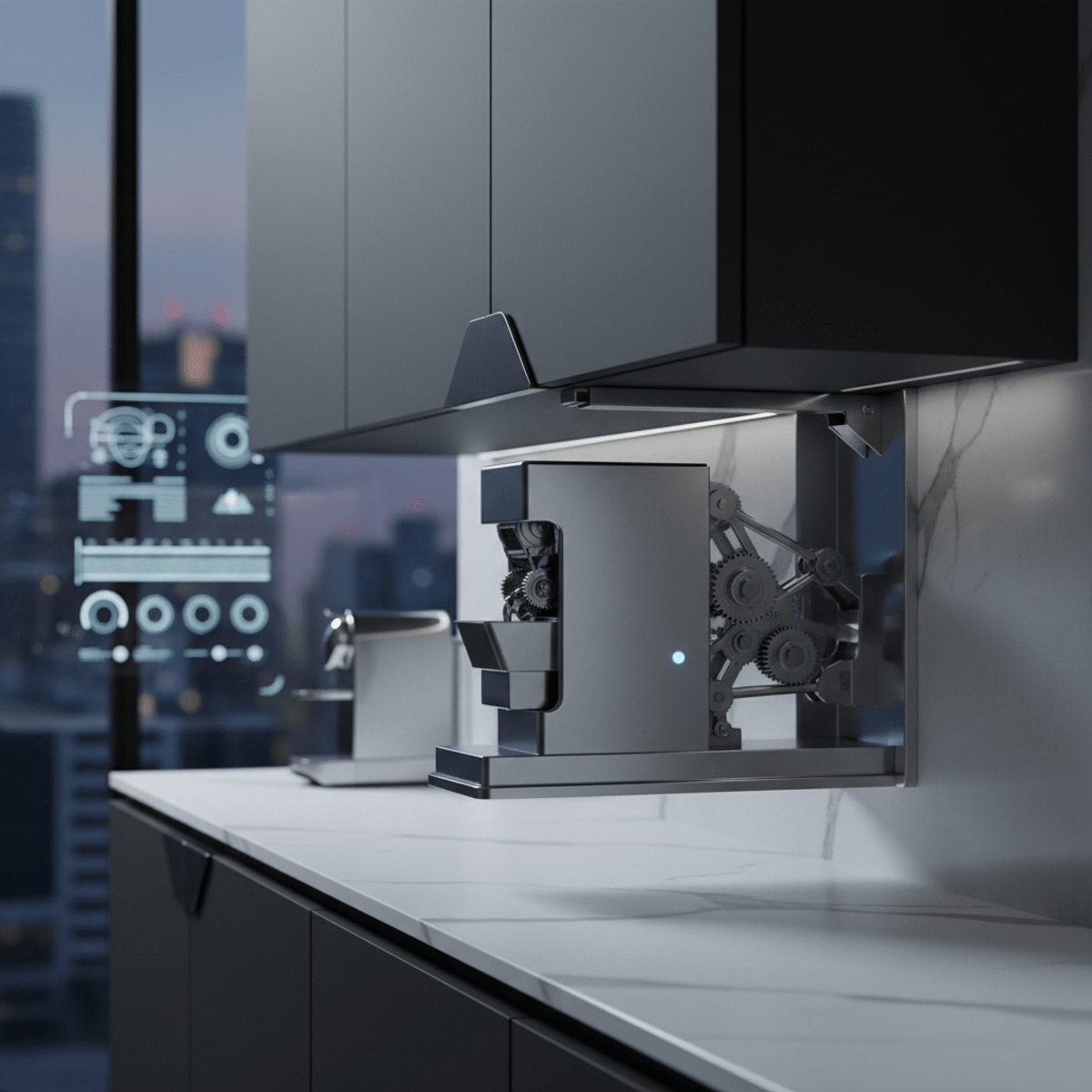 Electric can crusher revealed under a matte black cabinet on a sliding mount.