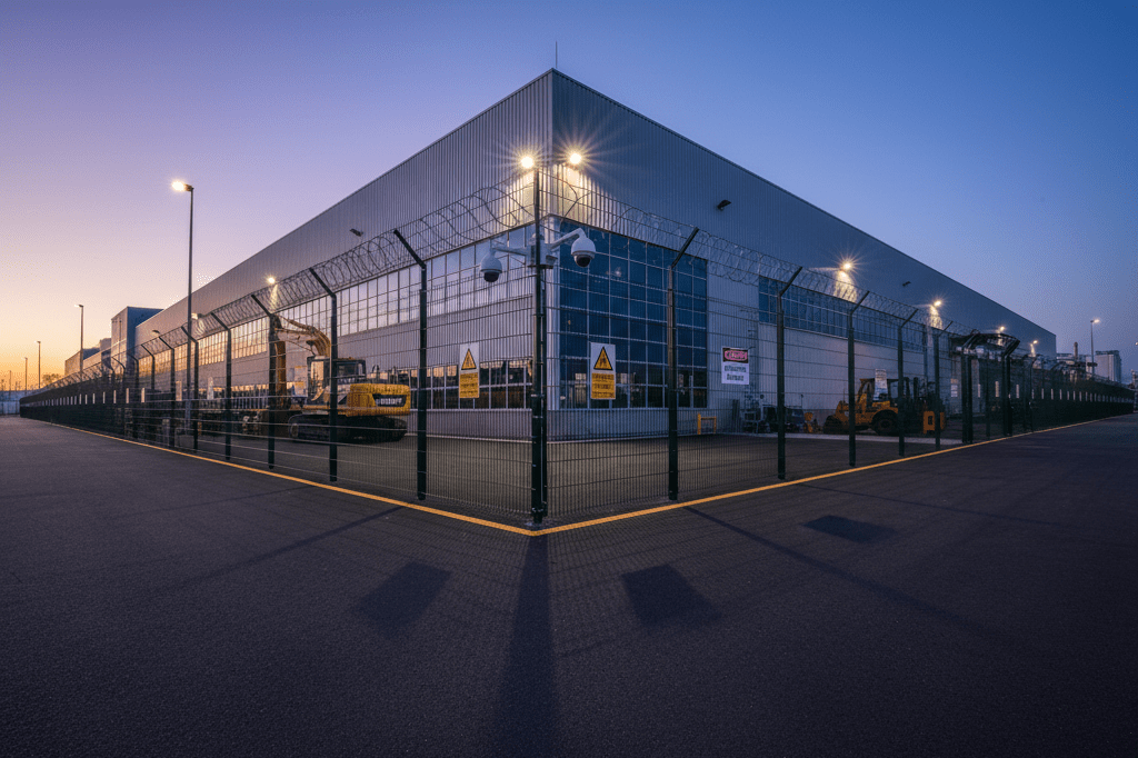 Wide shot of a manufacturing plant's secure perimeter under twilight, featuring surveillance cameras and warning signs to highlight industrial safety protocols