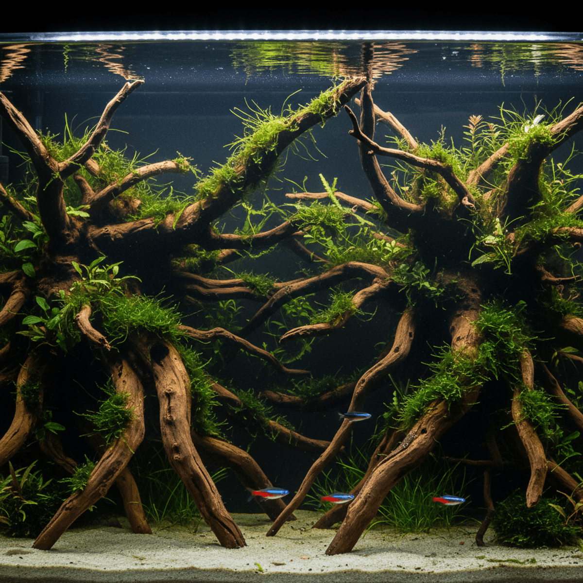 Intricate driftwood branch structures form a mossy living wall in a modern aquarium.