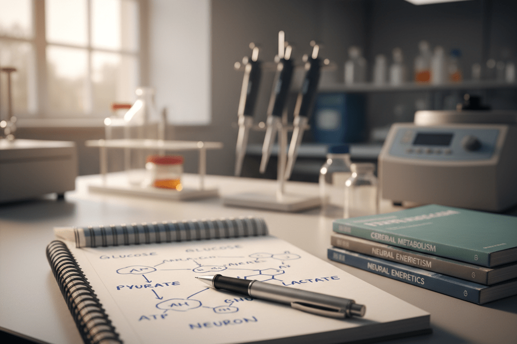 Lab bench with notebooks and journals under soft lighting, symbolizing groundbreaking studies on glucose metabolism