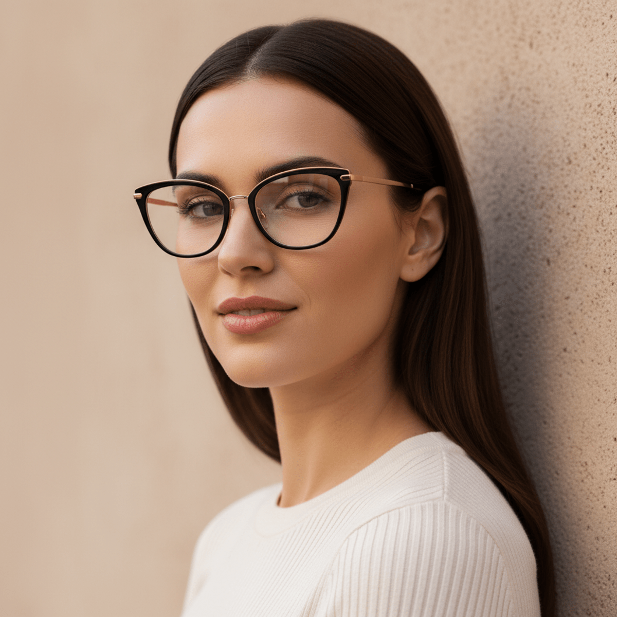 Stylish woman wearing modern cat-eye bifocal glasses with rose gold accents.