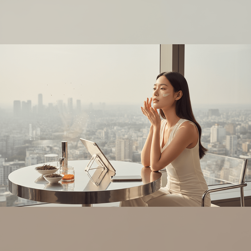 Woman applying CC cream with airy texture in a modern apartment with city view.