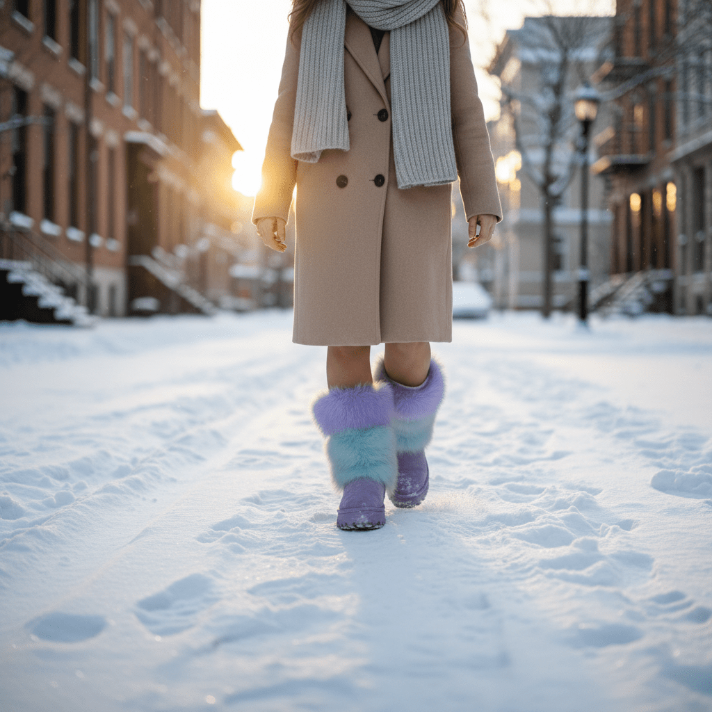 Pastel fur boots on a snowy winter city street Pastel fur-lined boots walk through a snowy city street at golden hour.