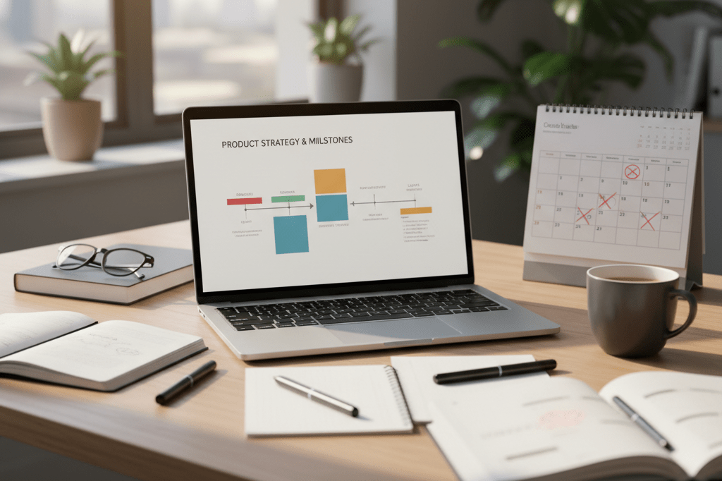 Desk with laptop, notebooks, and calendar under natural light, representing strategic considerations for announcing products