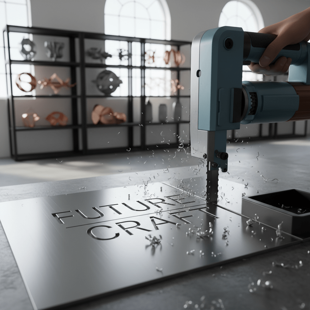 Sleek band saw cutting intricate curves into brushed aluminum sheet metal.