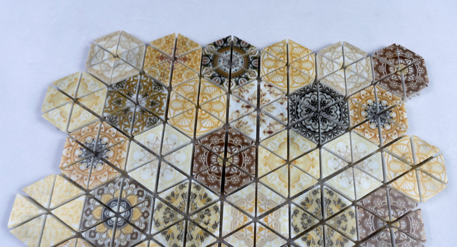 Yellow Artificial Hexagonal Stone Mosaic Marble Mosaics Stone Wall Mosaic Inkjet Printing