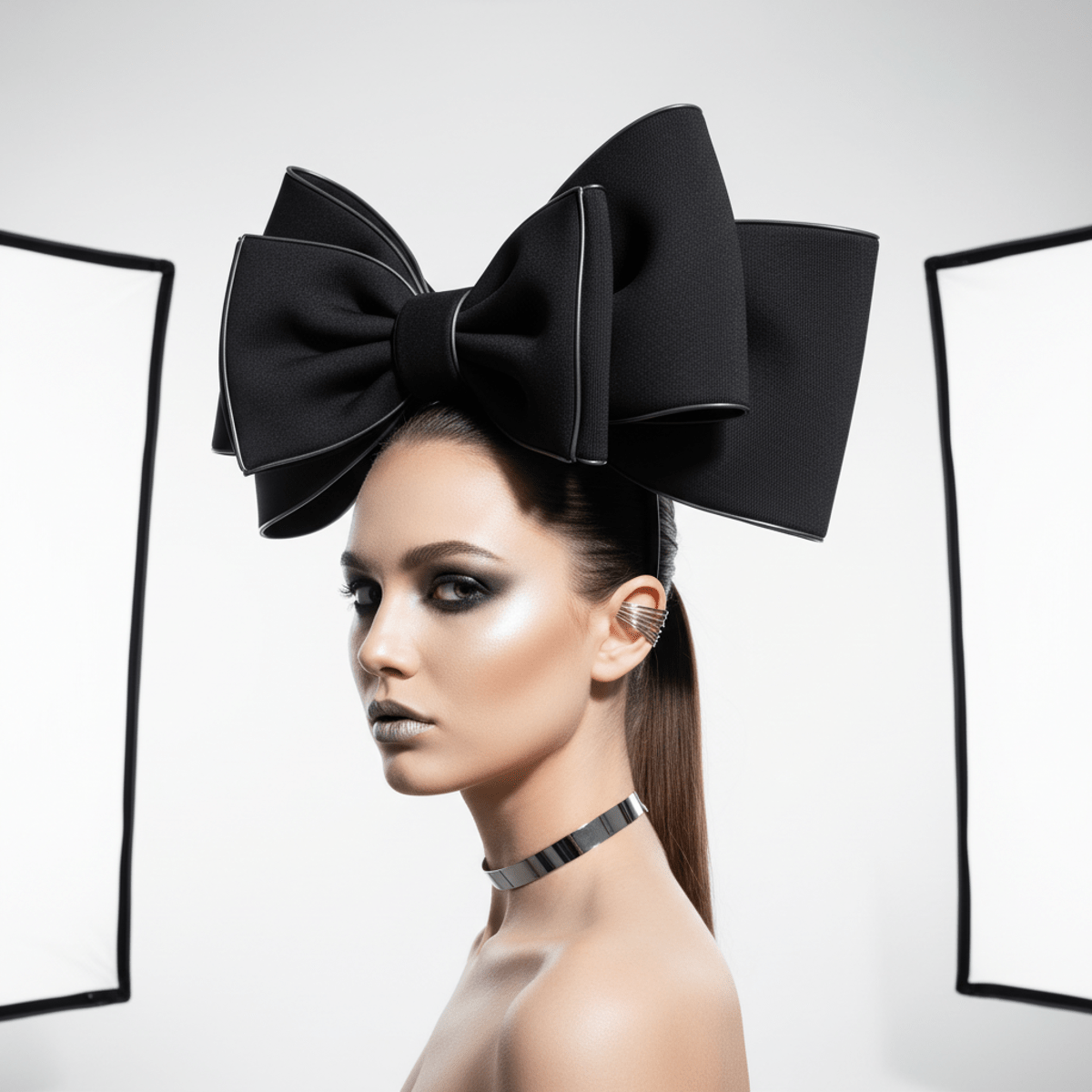 Model with architectural bow headband, glossy neoprene, dramatic geometric folds.