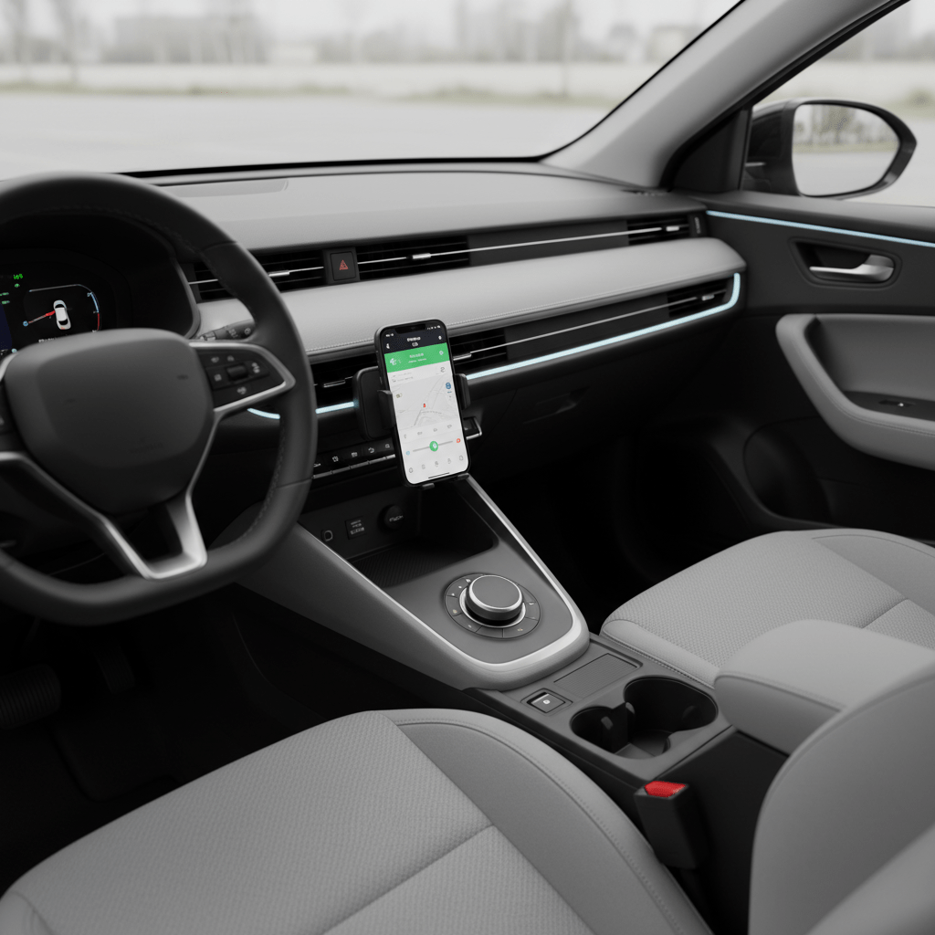 Minimalist car dashboard with integrated smartphone dock and navigation display.