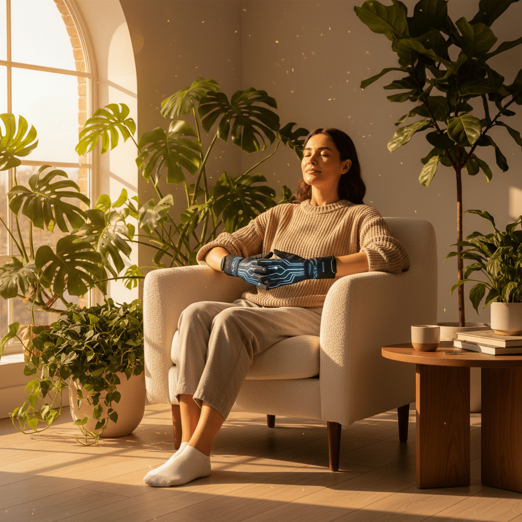 Person relaxing with advanced microcurrent hand gloves in a serene wellness studio.