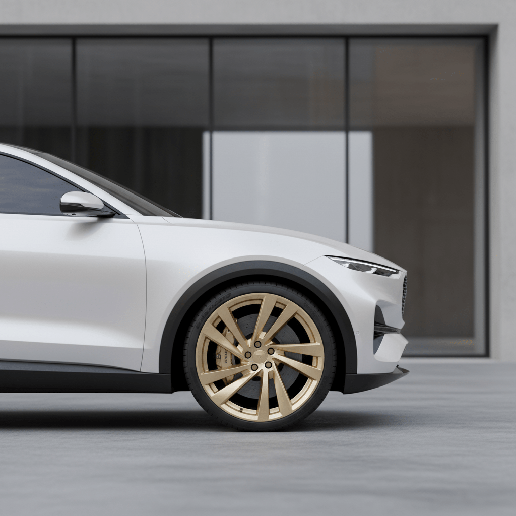Sleek performance SUV in 2026 with champagne gold wheels against modern architecture.
