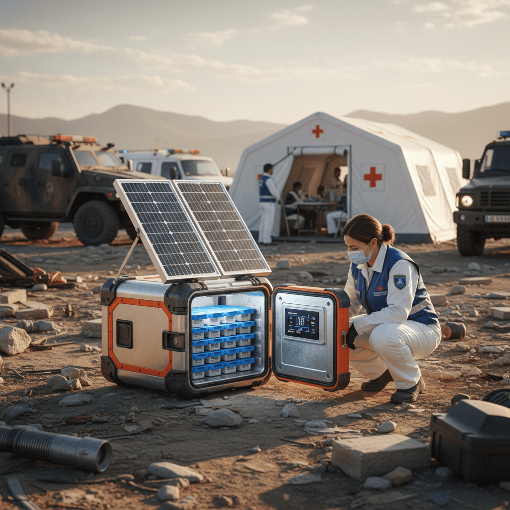 Portable solar refrigerator at a temporary healthcare station in a disaster zone.