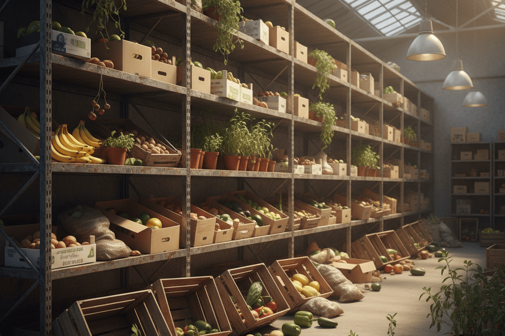 Shelf with disorganized perishable goods lit by ambient light, showing effects of logistical delays without human presence
