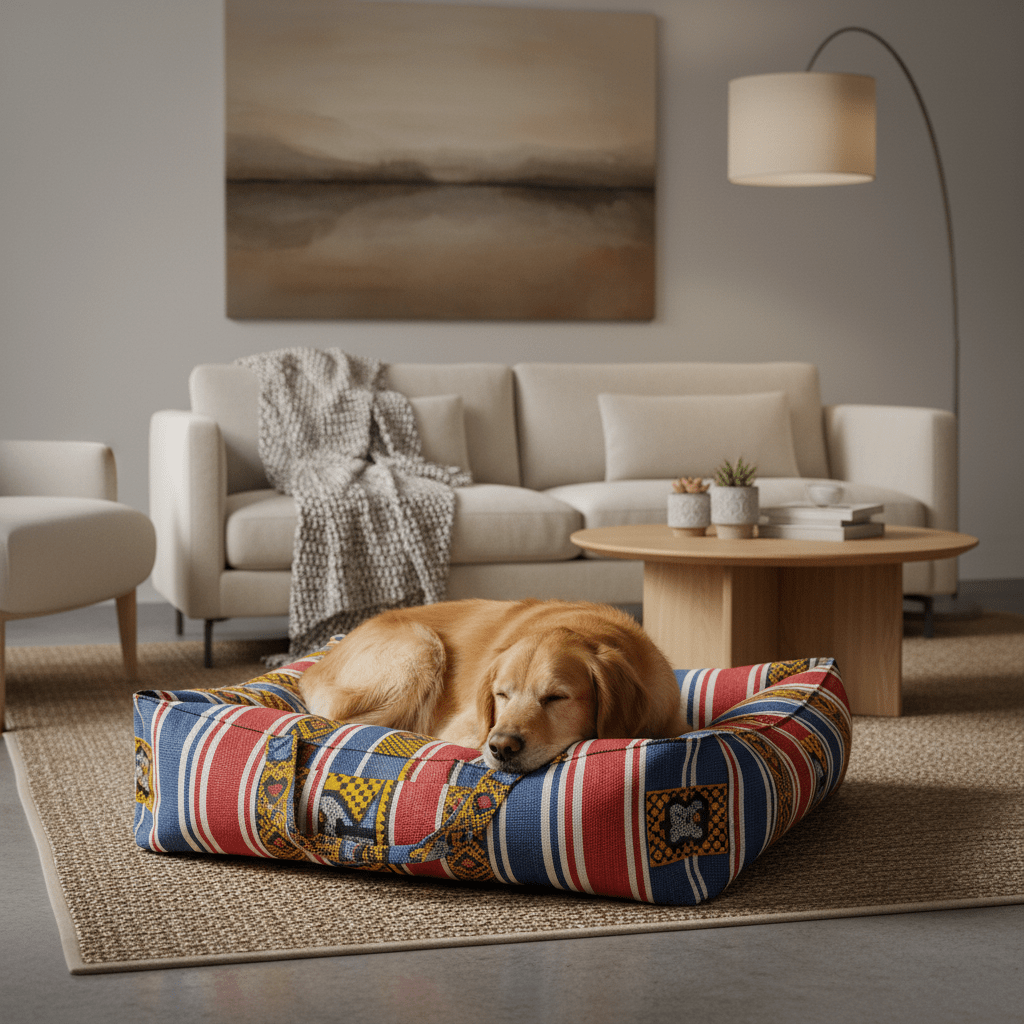 Calm dog resting on a plush pet bed with Ghana must go bag fabric.