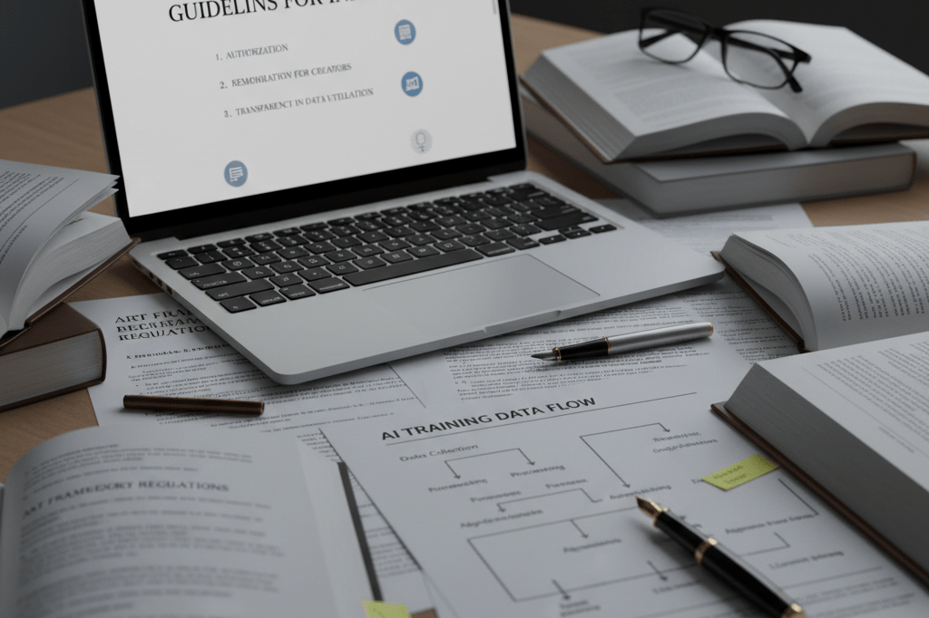 Close-Up of AI Copyright Regulations and Legal Documents on Desk Detailed view of AI copyright laws and transparency mandates displayed across legal papers under warm ambient lighting