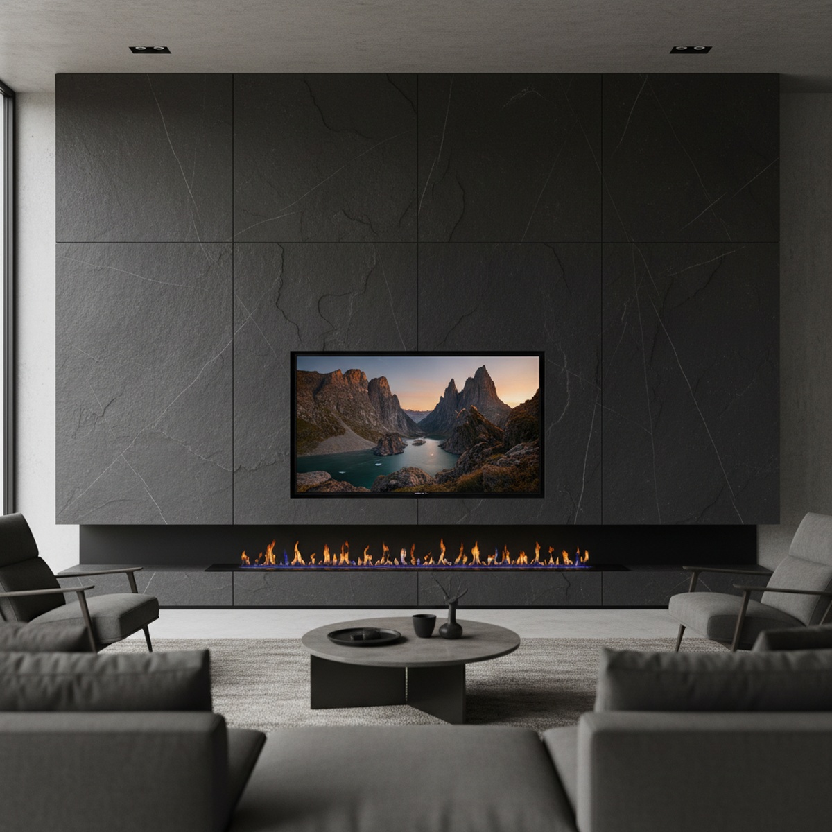 Modern living room with floor-to-ceiling carbon slate panels and electric fireplace.
