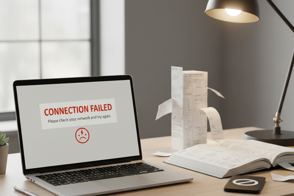 Retail desk showing manual work during digital platform failure Office desk with laptop error screen and paper ledger under warm light symbolizing business disruption