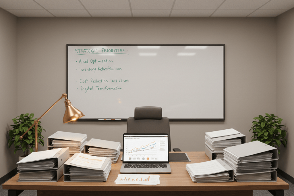 Organized office setup for retail portfolio restructuring Desk with laptop showing analytics, reports, and a whiteboard listing restructuring strategies under warm ambient lighting